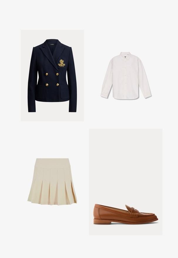 Navyblå dobbeltradet blazer med guldknapper, to forlommer og et gyldent broderet monogram på brystlommen.; Langærmet hvid skjorte med knapper, spids krave, fuld knaplukning foran og enkelt design, lagt fladt på hvid baggrund.; Beige plisseret nederdel med en tætsiddende talje, lavet af et glat stof. Har flere lodrette plisser og en lige kant.; Brun læderloafer med lavt træsål, klassisk penny-rem og syet detalje langs tå og sider.