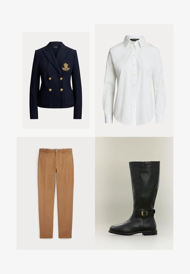 Marineblauwe dubbelgeknoopte blazer met gouden knopen, twee voorzakken en een goud geborduurd monogram op het borstzakje.; Wit overhemd met lange mouwen en knopen, met een klassieke kraag en zichtbare knopen aan de voorkant, getoond op een effen achtergrond.; Bruine katoenen broeken met een slim-fit ontwerp, vlakke voorkant en standaardzakken; gladde textuur en afgewerkte manchetten.; Hoge zwarte leren laars met lage hak en een zijriem met een kleine gouden gesp, getoond op een neutrale achtergrond.