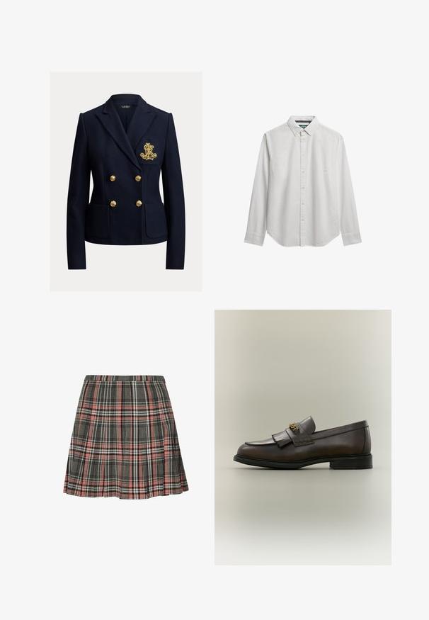 Navyblå dobbeltradet blazer med guldknapper, to forlommer og et gyldent broderet monogram på brystlommen.; Langærmet hvid skjorte med knapper og button-down krave, vist på en hvid baggrund.; Rutnederdel i grå og pink med plisseret design og sorte og hvide accenter. Fremstillet af vævet stof, midt på låret længde.; Mørkebrun læderloafer med frynser og guldbeslag på sort sål, vist fra siden på en neutral baggrund.