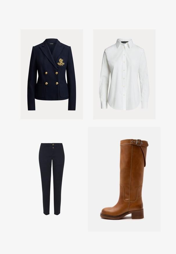 Marineblauwe dubbelgeknoopte blazer met gouden knopen, twee voorzakken en een goud geborduurd monogram op het borstzakje.; Witte overhemd met lange mouwen, knopen aan de voorkant, puntige kraag en licht gebogen zoom.; Navyblauwe katoenen broek met een rechte pasvorm, voorzien van twee goudkleurige knopen en standaard riemlussen. Gladde textuur, geen patronen.; Hoge bruine leren laars met een lage blokhak, een ronde neus en een decoratieve riem met gesp bovenaan.
