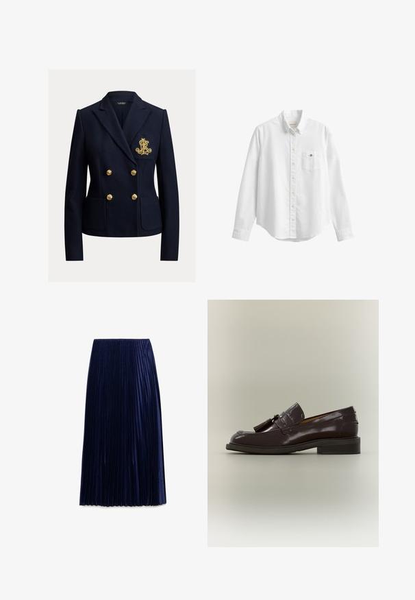 Navyblå dobbeltradet blazer med guldknapper, to forlommer og et gyldent broderet monogram på brystlommen.; Hvid langærmet skjorte med knapper, krave og brystlomme med lille broderet logo på ensfarvet baggrund.; Mørkeblå plisseret midi-nederdel lavet af letvægtsstof med en glat overflade, der har jævnt fordelt lodrette folder og en elastisk talje.; Mørkebrun læderloafer med frynser, lav hæl og synet sål, vist fra siden på en neutral baggrund.