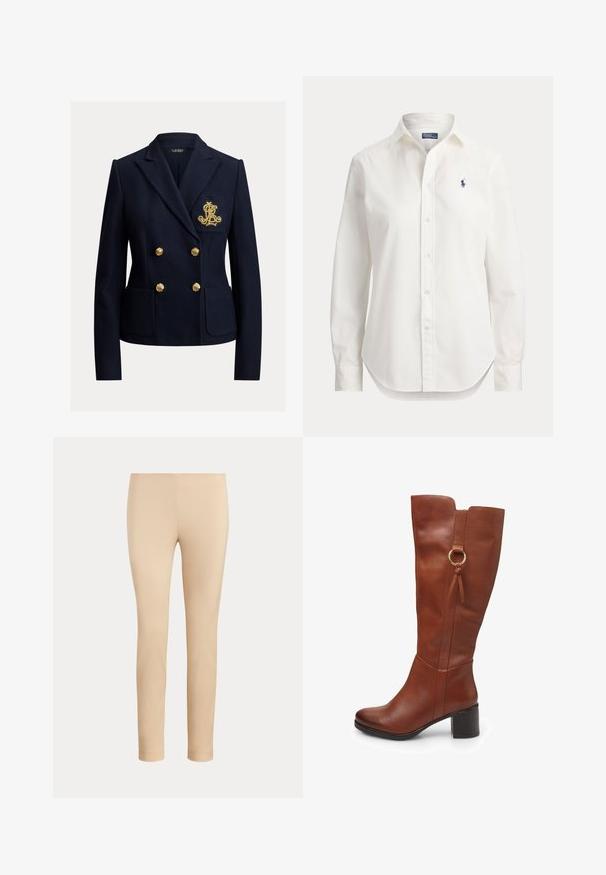 Navyblå dobbeltradet blazer med guldknapper, to forlommer og et gyldent broderet monogram på brystlommen.; Hvid langærmet skjorte med knapper, krave og lille blåt logo af en polospiller på venstre bryst.; Beige slim-fit ankellange bukser med en glat finish og uden synlige lommer eller pynt på en ensfarvet baggrund.; Brun læder knæhøj støvle med rundet tå, chunky hæl, sides lynlås og dekorativ ringdetalje nær toppen. Glat tekstur.