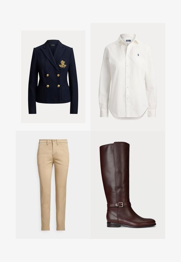 Marineblauwe dubbelgeknoopte blazer met gouden knopen, twee voorzakken en een goud geborduurd monogram op het borstzakje.; Witte blouse met lange mouwen, knopen, kraag en klein blauw logo van een polospeler op de linkerborst.; Beige katoenen chino's met een rechte pasvorm, voorzien van een knoopsluiting, voorzakken en gestikte details langs de naden.; Bruine leren kniehoog laars met een gladde textuur, zilverkleurige gesp als accent en een lage, gestapelde hak. Bevat subtiele stikdetails.