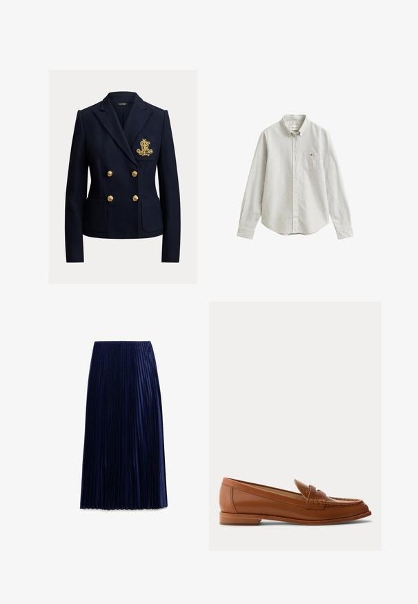 Navyblå dobbeltradet blazer med guldknapper, to forlommer og et gyldent broderet monogram på brystlommen.; Langærmet, lysegrå skjorte med knapper, tynde lodrette striber og en brystlomme med en lille broderet logo.; Mørkeblå plisseret midi-nederdel lavet af letvægtsstof med en glat overflade, der har jævnt fordelt lodrette folder og en elastisk talje.; Brun læderloafer med lavt træsål, klassisk penny-rem og syet detalje langs tå og sider.