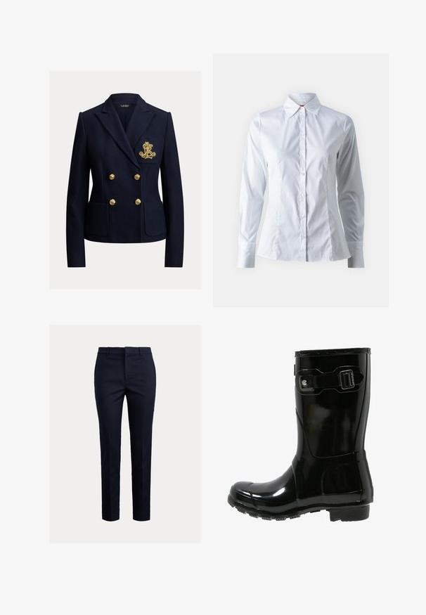 Navyblå dobbeltradet blazer med guldknapper, to forlommer og et gyldent broderet monogram på brystlommen.; Hvid skjorte med lange ærmer, spidse krave, tætsiddende design, glat bomuldsstof og frontlukning med knapper.; Marineblå skræddersyede bukser med en tætsiddende pasform, der har en flad front, sidelommer og en glat tekstur. Ensfarvet design uden synlige mønstre.; Sort vandtæt gummistøvle til anklen med en blank finish, justerbar rem og spænde detaljer, tekstureret sål for godt greb.