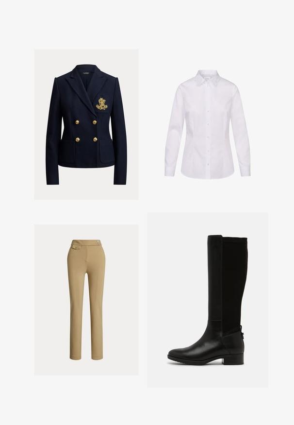 Marineblauwe dubbelgeknoopte blazer met gouden knopen, twee voorzakken en een goud geborduurd monogram op het borstzakje.; Wit overhemd met lange mouwen, knopen aan de voorkant, een puntige kraag en een getailleerde taille, gepresenteerd op een witte achtergrond.; Beige op maat gemaakte broek met een zachte textuur, hoge taille, twee decoratieve knopen en een enkele achterzak. Recht gesneden ontwerp.; Zwarte kniehoge laarzen van een combinatie van glad leer en suède, met een blokhak en een zijhandvat voor gemakkelijke aan- en uittrekken.