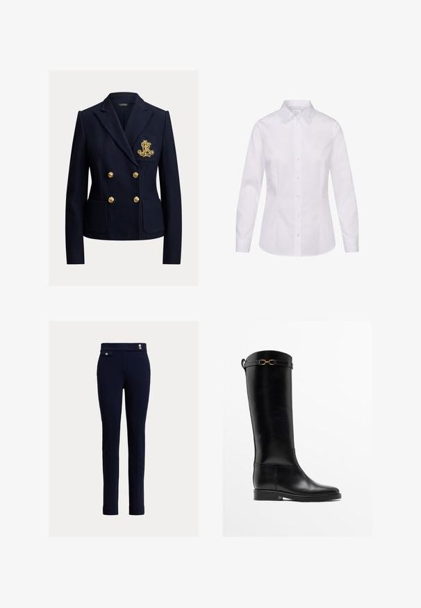 Navyblå dobbeltradet blazer med guldknapper, to forlommer og et gyldent broderet monogram på brystlommen.; Hvid langærmet skjorte med knapper, spids krave og tilpasset talje, vist på hvid baggrund.; Marineblå slim-fit bukser med høj talje, der har dekorative knapper og en lille klaplomme på højre side.; Høj sort læderstøvle med lav hæl og guldbelagt spænde nær toppen, vist i profil på hvid baggrund.