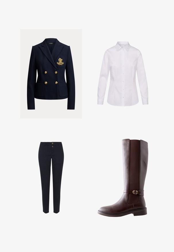Navyblå dobbeltradet blazer med guldknapper, to forlommer og et gyldent broderet monogram på brystlommen.; Hvid langærmet skjorte med knapper, spids krave og tilpasset talje, vist på hvid baggrund.; Mørkeblå bomuldsbukser med lige ben-design, udstyret med to guldfarvede knapper og standart bæltesløjfer. Glat tekstur, ingen mønstre.; Next STANDARD FIT - FOREVER COMFORT ROUND BUCKLE DETAIL - Høje støvler/ Støvler - new chocolate brown