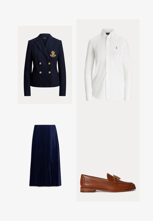 Marineblauwe dubbelgeknoopte blazer met gouden knopen, twee voorzakken en een goud geborduurd monogram op het borstzakje.; Witte blouse met lange mouwen, knopen, een button-down kraag en een klein geborduurd logo van een polo-speler op de borst.; Navy geplooide midi-jurk gemaakt van lichte stof met een zachte textuur, voorzien van gelijkmatig verdeelde verticale plooien en een elastische tailleband.; Bruine leren loafer met lage gestapelde hak en gouden metalen gespdetail bovenop, getoond in zijaanzicht op een effen achtergrond.