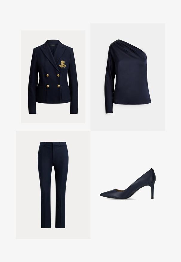 Marineblauer, doppelreihiger Blazer mit goldenen Knöpfen, zwei vorderen Taschen und einem goldbestickten Monogramm auf der Brusttasche.; Marineblaues Satin-Ein-Schulter-Top mit langem Ärmel auf der linken Seite und gerafftem Ausschnitt auf der rechten Seite.; Marineblaue, maßgeschneiderte Anzughose mit geradem Bein, Gürtelschlaufen und vorderem Reißverschluss.; Marineblaue Pumps aus glattem Leder mit spitzem Zehenbereich und schlankem Absatz. Einfaches Design ohne zusätzliche Verzierungen.