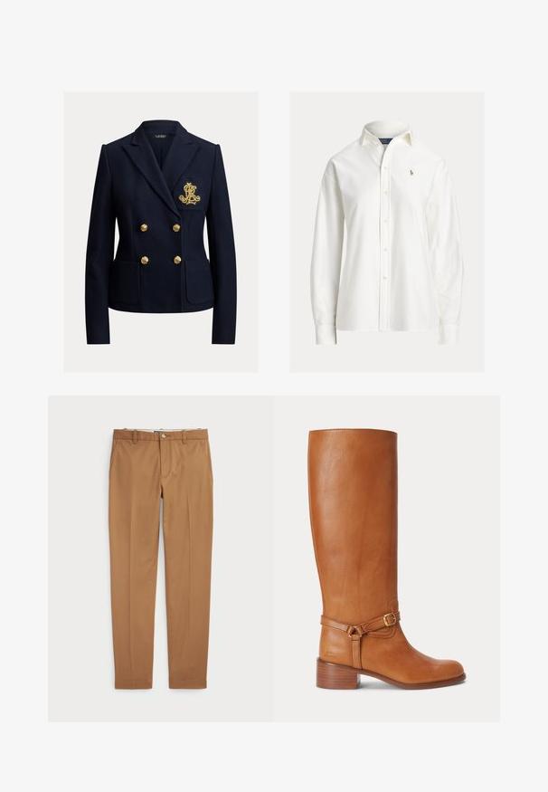Marineblauwe dubbelgeknoopte blazer met gouden knopen, twee voorzakken en een goud geborduurd monogram op het borstzakje.; Witte blouse met lange mouwen en knopen, kraag en klein geborduurd logo op de linkerborst.; Bruine katoenen broeken met een slim-fit ontwerp, vlakke voorkant en standaardzakken; gladde textuur en afgewerkte manchetten.; Hoge bruine leren laars met lage gestapelde hak en decoratieve riem met gouden gesp rond de enkel.