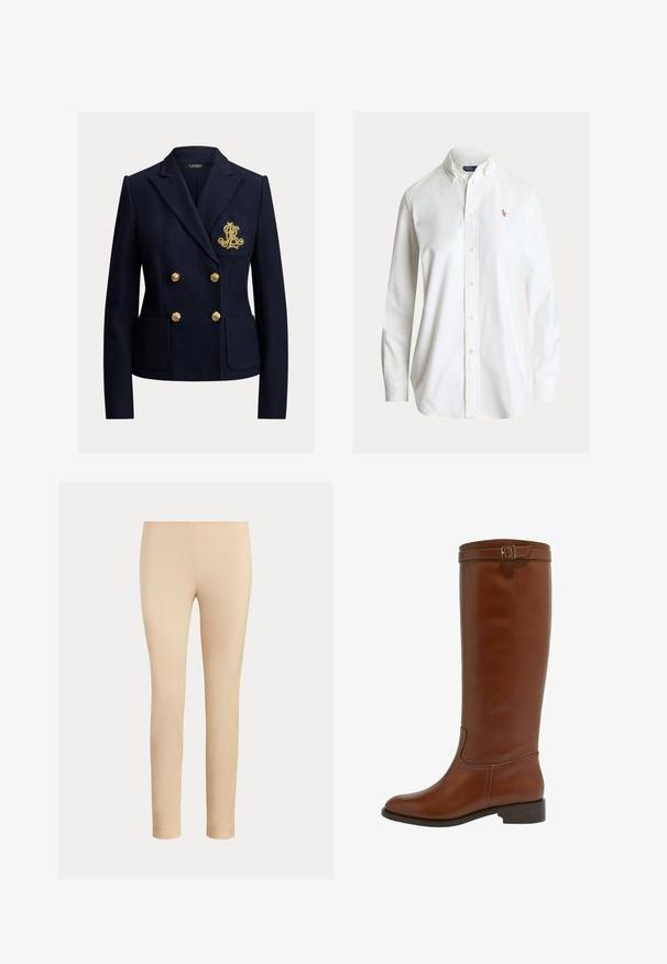 Blazer bleu marine croisé avec des boutons dorés, deux poches avant et un monogramme brodé en or sur la poche poitrine.; Chemise blanche à manches longues avec boutons, col boutonné et petit logo brodé de joueur de polo sur la poitrine gauche.; Pantalon beige slim fit longueur cheville avec une finition lisse, sans poches visibles ni ornements, sur un fond uni.; Bottines marron en cuir, arrivant juste au genou, avec un bout arrondi, un petit talon, et une sangle décorative avec une boucle en haut. Texture lisse et design épuré.