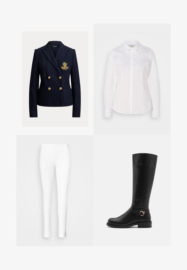 Blazer bleu marine croisé avec des boutons dorés, deux poches avant et un monogramme brodé en or sur la poche poitrine.; Chemise blanche à boutons fabriquée en coton lisse, avec un col classique, des manches longues et un logo subtil sur la poitrine. Présente une fermeture à boutons sur le devant.; Leggings blancs en matériau extensible. Conception ajustée avec une texture lisse, s'affinant aux chevilles sans fermetures visibles ni embellissements.; Anna Field Wide Fit by Zalando Bottes - black