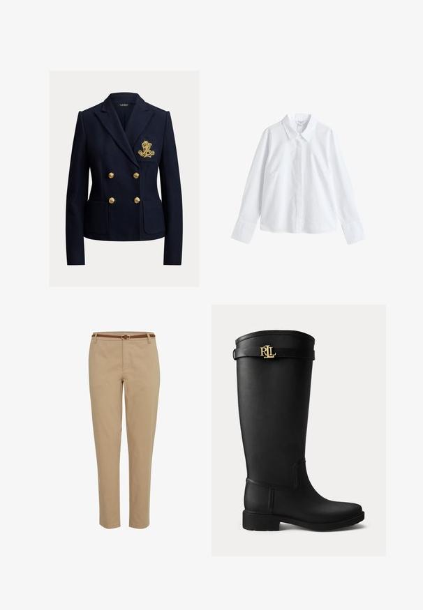 Navyblå dobbeltradet blazer med guldknapper, to forlommer og et gyldent broderet monogram på brystlommen.; Hvid langærmet skjorte med knapper, spids krave og brede manchetter, vist på en ensfarvet hvid baggrund.; Khaki bukser med lige skæring, der har et brunt bælte med en sølvspænde. Lavet af et glat, let materiale.; Sort knæhøj gummistøvle med lav hæl og en guldfarvet RLL-logo spænde nær toppen på en ensartet lys baggrund.