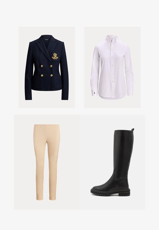 Blazer bleu marine croisé avec des boutons dorés, deux poches avant et un monogramme brodé en or sur la poche poitrine.; Chemise blanche à manches longues avec col boutonné et petit logo brodé sur le poignet gauche.; Pantalon beige slim fit longueur cheville avec une finition lisse, sans poches visibles ni ornements, sur un fond uni.; Bottes noires en cuir montantes, à finition lisse, avec un bout arrondi, une semelle en caoutchouc basse et des détails de couture minimalistes.