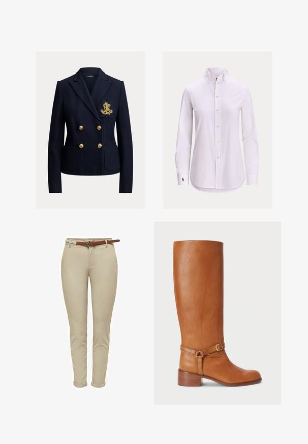 Blazer bleu marine croisé avec des boutons dorés, deux poches avant et un monogramme brodé en or sur la poche poitrine.; Chemise blanche à manches longues avec col boutonné et petit logo brodé sur le poignet gauche.; Pantalons beige ajustés en coton avec une texture lisse, dotés d'une ceinture en cuir marron et de revers roulés pour plus de détails.; Bottes en cuir marron hautes avec une finition lisse, dotées d'une sangle à boucle sur le côté et d'un talon empilé. La tige présente un design épuré et sans ornement.
