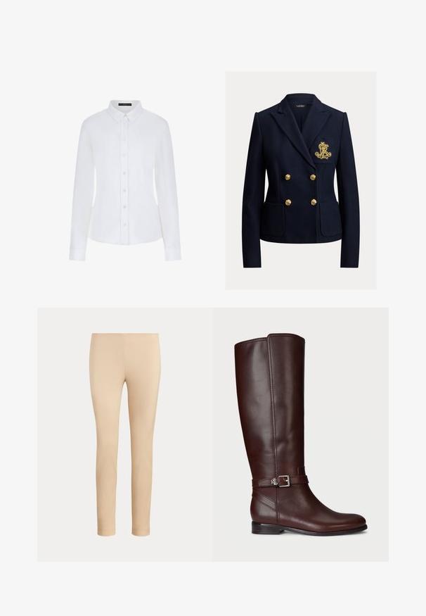 Navyblå dobbeltradet blazer med guldknapper, to forlommer og et gyldent broderet monogram på brystlommen.; Hvid langærmet skjorte med krave, knaplukning foran og manchetter. Fremstillet af glat stof med en tætsiddende pasform og uden synlige mønstre.; Beige slim-fit ankellange bukser med en glat finish og uden synlige lommer eller pynt på en ensfarvet baggrund.; Brune læderknæ-høje støvler med en glat overflade, sølvfarvet spændeaccent og en lav stabelhæle. Har diskret syninger.