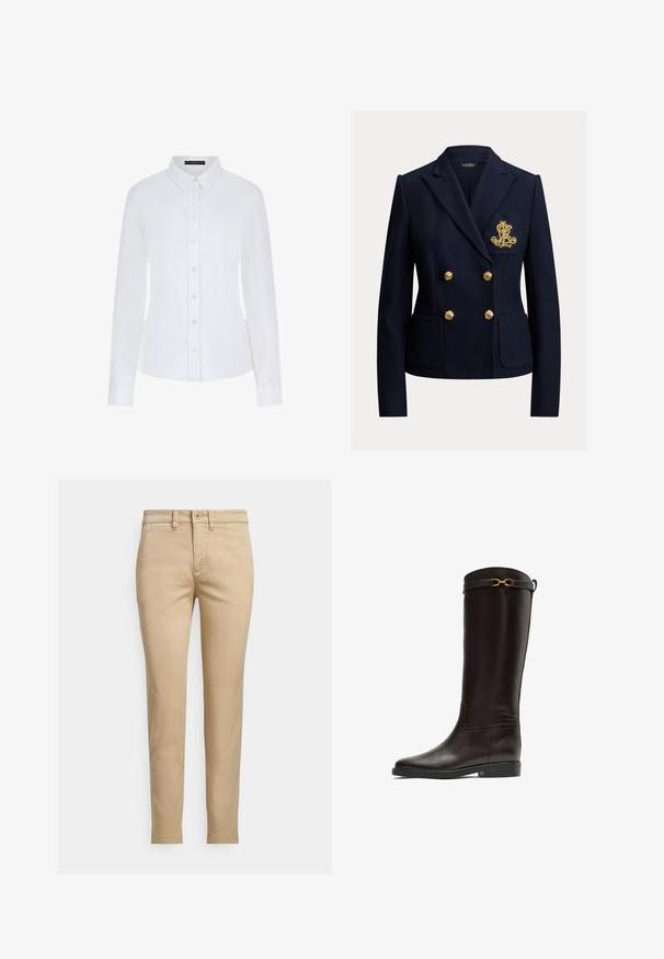 Navyblå dobbeltradet blazer med guldknapper, to forlommer og et gyldent broderet monogram på brystlommen.; Hvid langærmet skjorte med krave, knaplukning foran og manchetter. Fremstillet af glat stof med en tætsiddende pasform og uden synlige mønstre.; Beige bomuldschinos med lige pasform, der har knaplukning, forlommer og syningsdetaljer langs sømmene.; Høj, mørkebrun læder ridestøvle med lav hæl og en gylden dekorativ spænde nær den øverste kant.