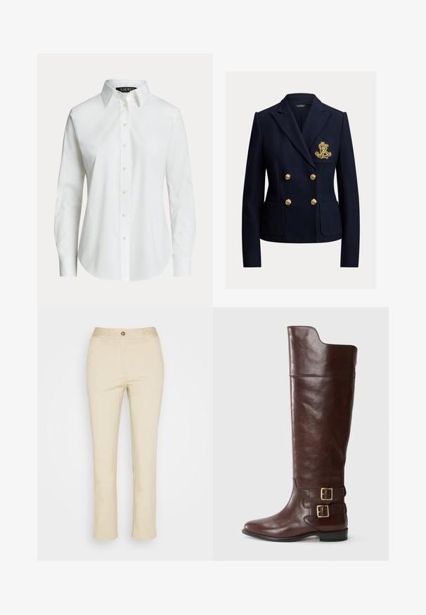 Marineblauer, doppelreihiger Blazer mit goldenen Knöpfen, zwei vorderen Taschen und einem goldbestickten Monogramm auf der Brusttasche.; Weißes langärmeliges Hemd mit klassischem Kragen und sichtbaren Knöpfen vorne, auf einfachem Hintergrund präsentiert.; Beige Baumwollhose mit geradem Bein, ausgestattet mit einem Frontknopfverschluss und Seitentaschen. Sanfte Textur und minimalistische Gestaltung.; Braune Leder-Knöchelstiefel in kniehoher Höhe mit runder Zehenform, ausgestattet mit zwei goldfarbenen Schnallen am Knöchel und einer glatten, polierten Oberfläche.