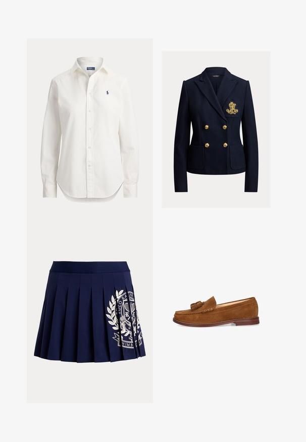 Blazer bleu marine croisé avec des boutons dorés, deux poches avant et un monogramme brodé en or sur la poche poitrine.; Chemise blanche à manches longues avec boutons, col et petit logo bleu d’un joueur de polo sur la poitrine gauche.; Jupe plissée bleu marine avec une large ceinture et un logo blanc à thème tennis sur le bas à droite.; Mocassin à glands en daim brun avec bout arrondi, petit talon en bois et surpiqûres décoratives le long des bords.