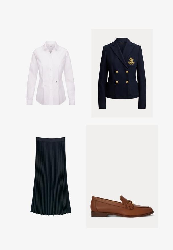Blazer bleu marine croisé avec des boutons dorés, deux poches avant et un monogramme brodé en or sur la poche poitrine.; Chemise blanche à manches longues avec col classique, patte de boutonnage frontale, pinces latérales et un détail de rose noire brodée près de l'ourlet.; Jupe plissée en tissu bleu marine foncé, dotée d'une taille lisse et de plis verticaux pour texture et mouvement, avec une silhouette fluide.; Mocassin en cuir marron avec détail de boucle dorée et petit talon en bois, présenté de côté sur un fond uni.