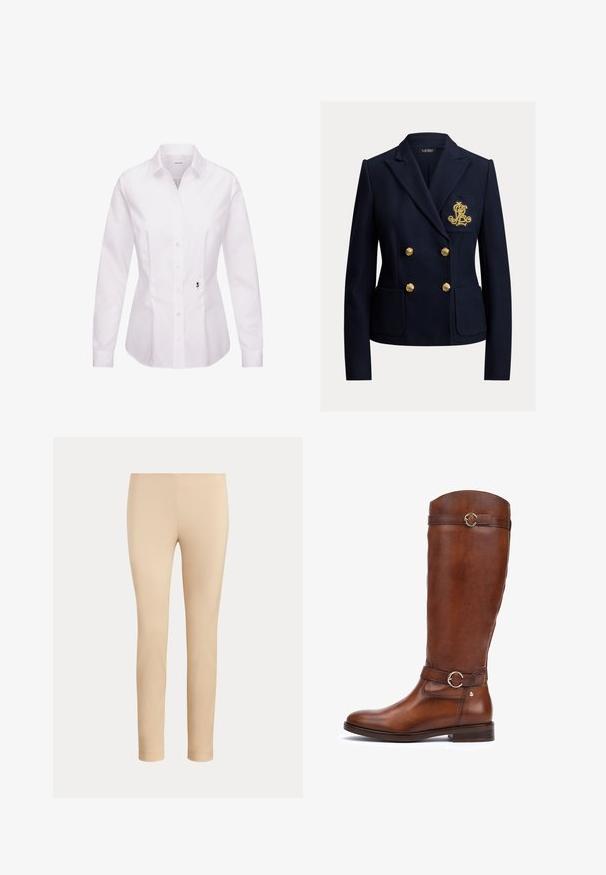 Navyblå dobbeltradet blazer med guldknapper, to forlommer og et gyldent broderet monogram på brystlommen.; Hvid langærmet skjorte med knapper, klassisk krave, frontplade, sidesømme og en sort broderet rosedetalje nær kanten.; Beige slim-fit ankellange bukser med en glat finish og uden synlige lommer eller pynt på en ensfarvet baggrund.; Brune læderstøvler til knæene med en glat finish, en rundt tå, et dekorativt bælte med en cirkulær spænde, og en lav stablet hæl.