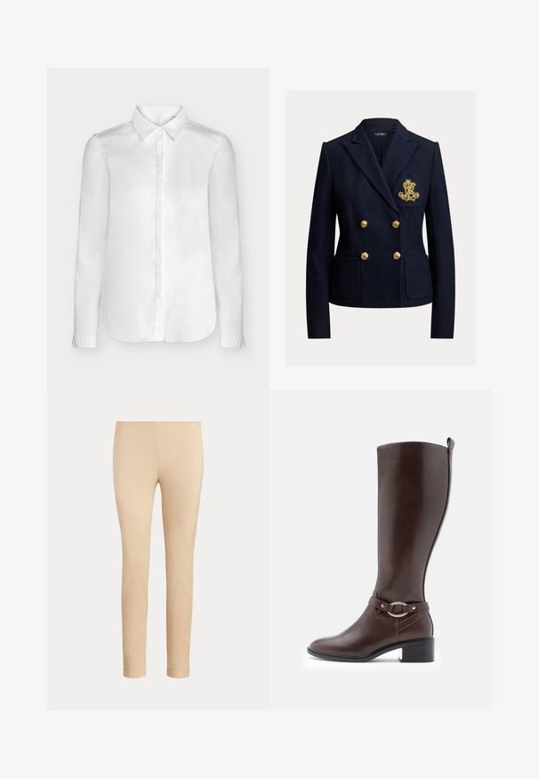 Blazer bleu marine croisé avec des boutons dorés, deux poches avant et un monogramme brodé en or sur la poche poitrine.; Blouse blanche à manches longues pour femme avec col pointu, patte de boutonnage cachée et poignets froncés sur fond uni.; Pantalon beige slim fit longueur cheville avec une finition lisse, sans poches visibles ni ornements, sur un fond uni.; Botte en cuir marron à hauteur de genou avec un bout rond, détail de sangle à boucle et un petit talon carré. Texture lisse et design minimaliste.
