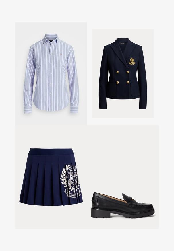 Navyblå dobbeltradet blazer med guldknapper, to forlommer og et gyldent broderet monogram på brystlommen.; Lyseblå og hvide lodrette stribede langærmet skjorte med knapper, krave og lille broderet logo på brystet.; Marineblå plisseret nederdel med bred linning og hvid tennisinspireret logo på nederste højre side.; Sort læderloafer med grov rillede såler, lav hæl og dekorativ rem over fronten.