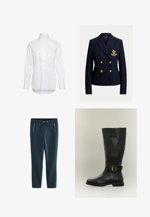 Blazer bleu marine croisé avec des boutons dorés, deux poches avant et un monogramme brodé en or sur la poche poitrine.; Chemise blanche à manches longues avec un col montant et deux boutons, dotée d’une patte de boutonnage à l’avant et d’un ourlet légèrement arrondi.; Next SKINNY PETITE - Pantalon classique - navy blue; Botte haute en cuir noir avec un talon bas et une bride latérale à petite boucle dorée, présentée sur un fond neutre.