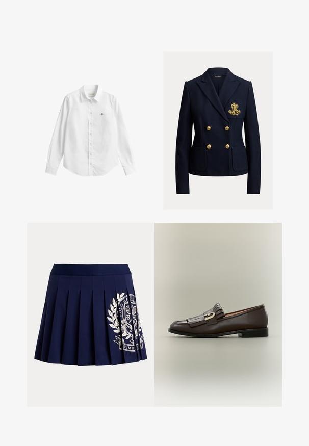 Navyblå dobbeltradet blazer med guldknapper, to forlommer og et gyldent broderet monogram på brystlommen.; Hvid skjorte med lange ærmer og knapper lavet af stof med en let tekstur. Har en frontlomme med en lille broderet logo og en klassisk krave.; Marineblå plisseret nederdel med bred linning og hvid tennisinspireret logo på nederste højre side.; Mørkebrune læderloafer med frynsedetalje og guldbeslag på en neutral baggrund, sidevisning.