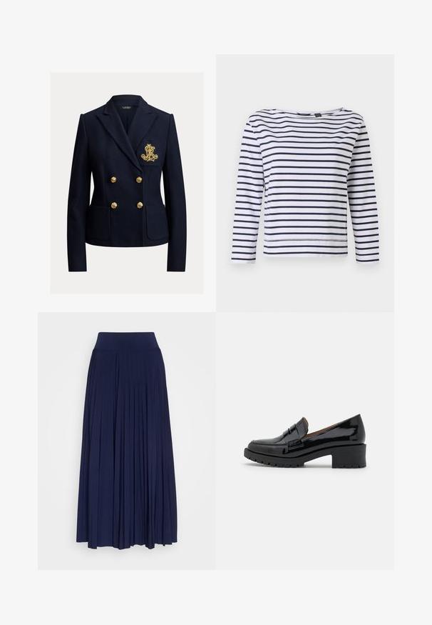 Navyblå dobbeltradet blazer med guldknapper, to forlommer og et gyldent broderet monogram på brystlommen.; Stribet langærmet top i hvid og marineblå, med en bådudskæring og en afslappet pasform. Lavet af blødt bomuldsstof med syede kanter.; Marineblå plisseret nederdel lavet af blødt stof, med en bred og komfortabel talje og en flydende design med lodrette plisseringer over hele. ; Sorte patenterede lædersko med en lav, chunky hæl, der har en frontrem detail og en tekstureret gummisål for godt greb.