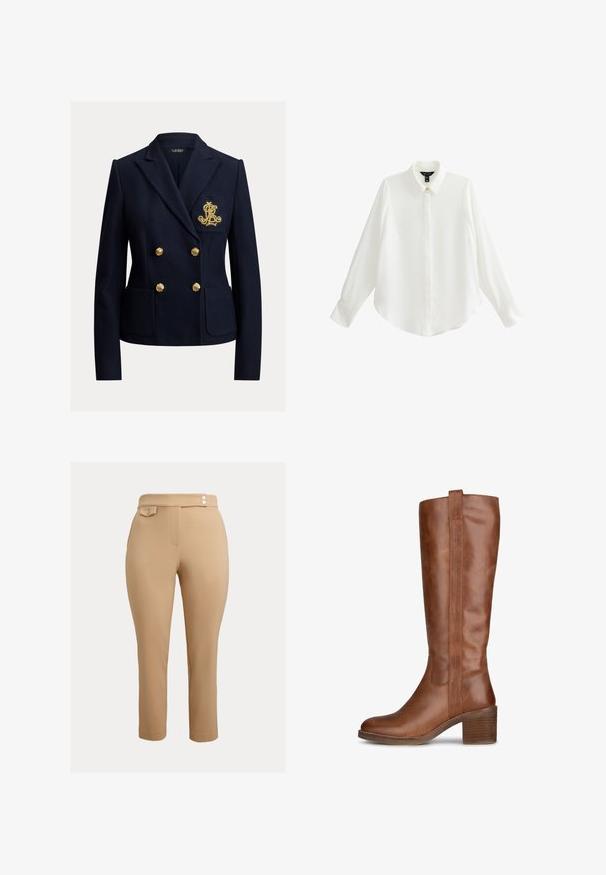 Blazer bleu marine croisé avec des boutons dorés, deux poches avant et un monogramme brodé en or sur la poche poitrine.; Chemise blanche à manches longues en tissu lisse, avec un col pointu, une fermeture à boutons et un ourlet arrondi avec des manches retroussées.; Pantalon beige ajusté à taille haute, doté de deux petits boutons décoratifs à la taille et d'une poche à rabat boutonnée sur le côté droit.; Botte en cuir marron jusqu'au genou avec un bout arrondi, un talon empilé et des coutures le long des côtés. Texture lisse avec un design droit.
