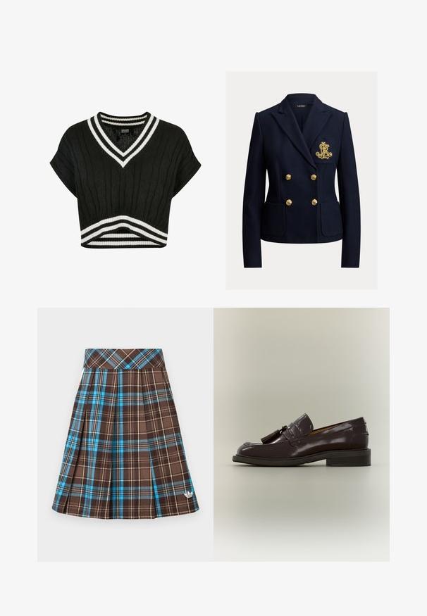 Marineblauer, doppelreihiger Blazer mit goldenen Knöpfen, zwei vorderen Taschen und einem goldbestickten Monogramm auf der Brusttasche.; Schwarzer, kurzer Pullover mit V-Ausschnitt, Struktur aus Kabelstrick, kurzen Ärmeln und doppelten weißen Streifen am Kragen und Saum.; Brauner karierten Rock mit blauen und beigen Akzenten. Verfügt über Falten und ein gesticktes Logo nahe dem Saum. Hergestellt aus einem strukturierten Stoff.; Dunkelbrauner Lederloafer mit Quasten, niedrigem Absatz und genähter Sohle, von der Seite auf neutralem Hintergrund gezeigt.
