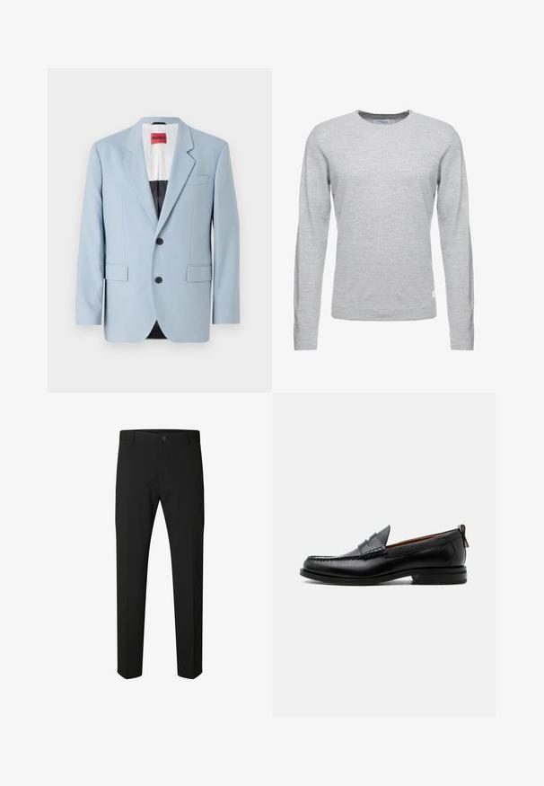 Hellblaues Sakko, einreihig, mit zwei Knöpfen, Reverskragen, Vordertaschen, Innenfutter mit schwarzer Biesen, glatte Stofftextur.; Hellgrauer Pullover, lange Ärmel, Rundhalsausschnitt, weiche Textur, minimalistisches Design, kleines Logoetikett am unteren linken Saum.; Schwarze Slim-Fit-Hose mit Knopf- und Reißverschluss, Gürtelschlaufen und geraden Beinen auf weißem Hintergrund.; Schwarzer Leder-Herrenschuh mit Mokassinnaht, Penny-Riemen, strukturiertem Kragen und niedrigem gestapeltem Absatz auf weißem Hintergrund.