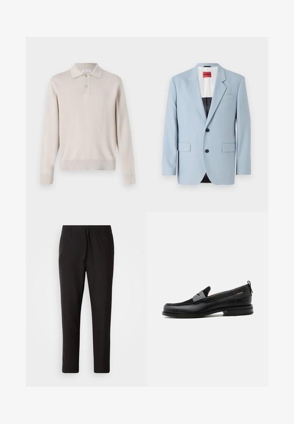 Blazer azul claro, de un solo botón, con dos botones, con solapas de pico, bolsillos frontales, interior con forro negro, textura de tela suave.; Polo de manga larga color beige claro hecho de material suave. Cuenta con un cuello, una tapeta de tres botones y puños y dobladillo acanalados.; Pantalones de chándal negros de tejido suave. Cuentan con una cintura elástica con cordón, piernas ajustadas y sin bolsillos visibles. Diseño sencillo.; Mocasín de cuero negro con detalle de tira gris, tacón bajo y suela texturizada, con la marca "HUGO" en oro en el lateral.