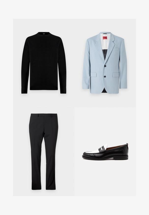 Blazer azul claro, de un solo botón, con dos botones, con solapas de pico, bolsillos frontales, interior con forro negro, textura de tela suave.; Sudadera negra de manga larga con cuello redondo, de diseño sencillo y sólido, con una pequeña etiqueta de la marca en el interior del cuello.; Pantalones negros ajustados con trabillas, pliegue frontal y corte recto sobre un fondo blanco liso.; Mocasín de cuero blanco y negro con detalles cosidos, tacón bajo y diseño tipo slip-on, mostrado de lado sobre un fondo liso.