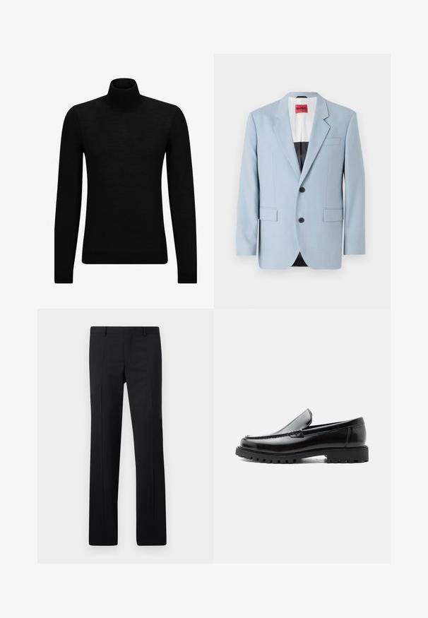 Lichtblauw blazer, enkelvoudig, met twee knopen, revers, voorzakken, interieur met zwarte voering, gladde stoftextuur.; Zwarte coltrui van zacht materiaal, met lange mouwen en een snug fit. Geribbelde afwerking aan de onderkant en mouwen. Eenvoudig ontwerp.; Zwarte op maat gemaakte pantalon met een recht model, scherpe plooien en een gladde afwerking. Gemaakt van lichtgewicht stof met een strakke tailleband.; Zwarte leren loafer met dikke rubberen zool, gestikte bovenkant en gegraveerde merknaam op de hiel, zijaanzicht op witte achtergrond.