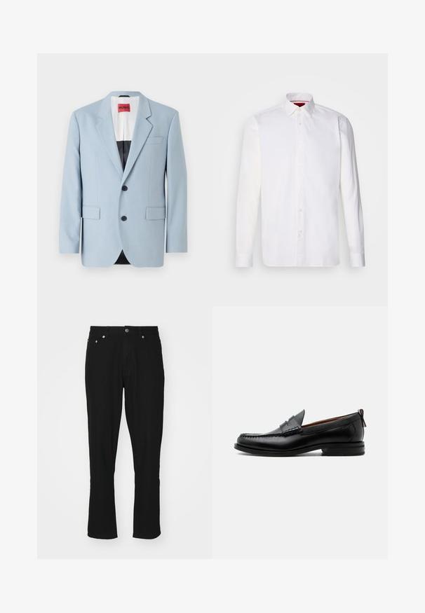 Lichtblauw blazer, enkelvoudig, met twee knopen, revers, voorzakken, interieur met zwarte voering, gladde stoftextuur.; Witte overhemd met lange mouwen van katoen, met een klassieke kraag, een voorkant met knopen en een gladde textuur. Rode details aan de binnenkant van de kraag.; Zwarte denim jeans met een rechte pasvorm, voorzien van een vijf-pocket ontwerp, zilverkleurige details en een lichte textuur. Geen zichtbare patronen.; Zwarte leren herensloffen met moc toe stiksel, pennyriem, gestructureerde kraag en lage gestapelde hak op witte achtergrond.