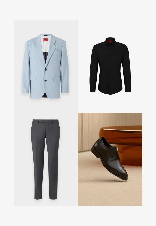 Lys blå blazer, enkeltrækket, to knapper, klippede kraver, forlommer, indvendig med sort foring, glat stofstruktur.; Sort langærmet skjorte med knaplukning foran, klassisk krave og rundet kant; har sorte knapper og et rødt logo indeni kraven.; Grå skræddersyede bukser med en glat tekstur, lige pasform, flad front og bæltesløjfer. Har et subtilt ternet mønster og en kant ned foran.; Sort lædersko med snørebånd svævende over beige tæppe, orange rundt bord i baggrunden.