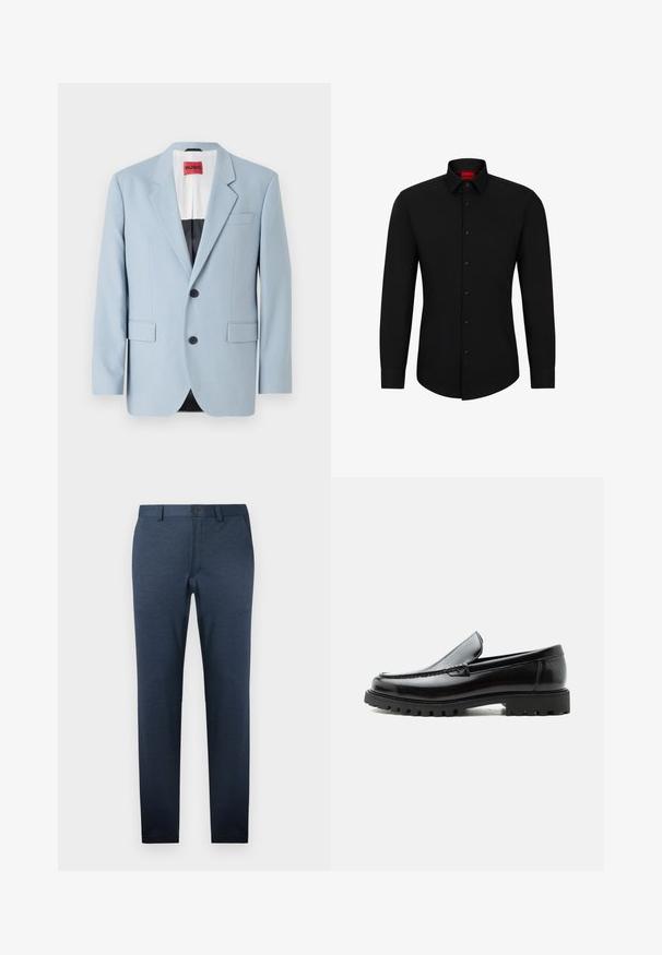 Blazer azul claro, de un solo botón, con dos botones, con solapas de pico, bolsillos frontales, interior con forro negro, textura de tela suave.; Camisa negra de manga larga con botón frontal, cuello clásico y dobladillo redondeado; cuenta con botones negros y un logotipo rojo en el interior del cuello.; Pantalones azul oscuro de tejido texturizado, con corte slim, frente plano y cierre de un botón en la cintura.; Mocasín de cuero negro con suela de goma gruesa, empeine cosido y nombre de la marca en relieve en el talón, mostrado en perfil lateral sobre fondo blanco.