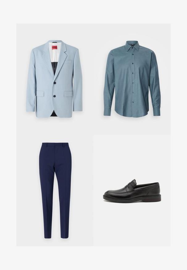 Blazer azul claro, de un solo botón, con dos botones, con solapas de pico, bolsillos frontales, interior con forro negro, textura de tela suave.; Camisa de botón de manga larga en color verde azulado con un patrón texturizado, cuello puntiagudo y botones oscuros. Presenta un ajuste tradicional y un dobladillo curvado.; Pantalones azul marino a medida con un ajuste slim, que presentan una textura suave, frente plano y piernas con plisados. Sin bolsillos visibles ni adornos.; Mocasines de cuero negro con detalle de costura en la puntera, dos correas horizontales en la parte superior y un tacón de madera. Textura suave y forma redondeada.