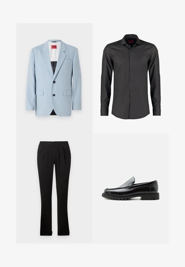 Lys blå blazer, enkeltrækket, to knapper, klippede kraver, forlommer, indvendig med sort foring, glat stofstruktur.; Sort langærmet skjorte med slim fit, lavet af glat stof. Har en spids krave og seks knapper ned foran.; Sorte bukser lavet af glat stof med elastisk talje, lige ben, frontfolder og opretstående sømme. Enkel og alsidig design.; Sort læderloafer med chunky gummisål, syet overdel og præget mærkenavn på hælen, vist i sideprofil på hvid baggrund.