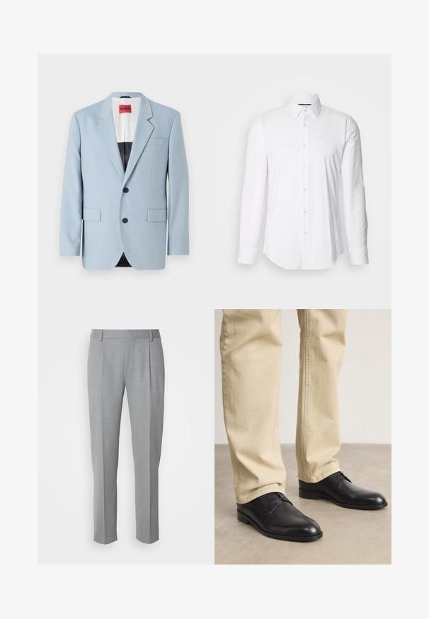 Lichtblauw blazer, enkelvoudig, met twee knopen, revers, voorzakken, interieur met zwarte voering, gladde stoftextuur.; Witte lange mouwen shirt van gladde stof, met een klassieke kraag en een knoopsluiting aan de voorkant met een gebogen zoom. Knopen hebben een subtiele glans.; Grijze op maat gemaakte broeken met een gladde textuur, voorzien van een platte voorkant, rechte pijpen en subtiele plooien voor extra details.; Zwarte leren veterschoenen met een ronde neus, een gladde afwerking en subtiele stikdetails, gedragen met lichtbeige broeken.