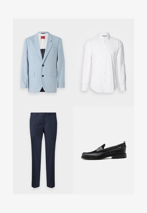 Lys blå blazer, enkeltrækket, to knapper, klippede kraver, forlommer, indvendig med sort foring, glat stofstruktur.; Hvid langærmet skjorte lavet af glat stof, med klassisk krave og knap-front design samt en buet kant. Knapperne er diskret blanke.; Skræddersyede navyblå bukser lavet af et glat stof. Har design med lige ben, flad front og sidelommer.; Sort læderloafer med grå remdetalje, lav hæl og tekstureret sål, mærket med "HUGO" i guld på siden.