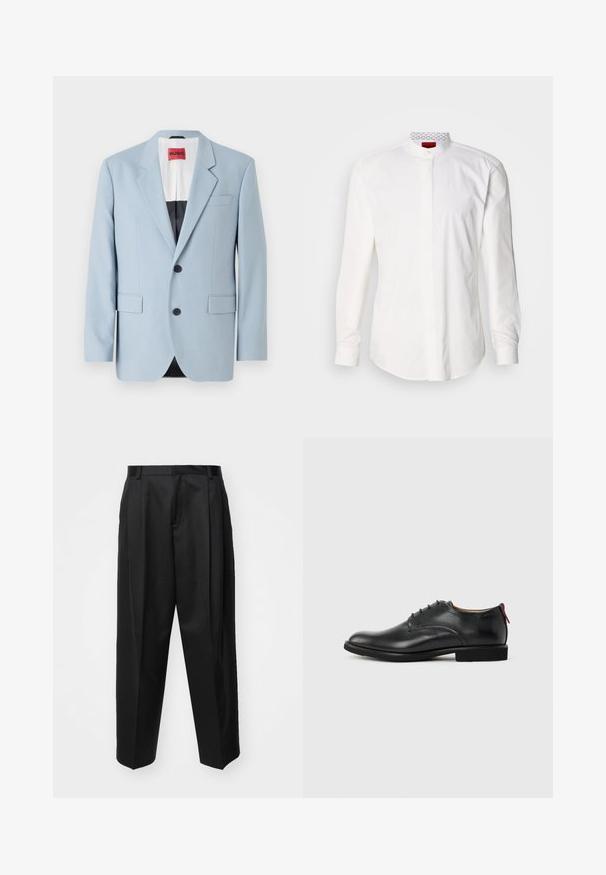 Blazer bleu clair, à un bouton, deux boutons, revers crantés, poches avant, intérieur avec doublure noire, texture de tissu lisse.; Chemise blanche à manches longues avec un col montant, en coton. Comprend une patte de boutonnage à l'avant, un design minimaliste et un marquage subtil sur le col intérieur.; Pantalon noir ajusté avec taille haute, jambes larges et plis marqués. Fabriqué dans un tissu lisse avec passants de ceinture et sans quincaillerie visible.; Chaussure habillée pour homme en cuir noir, à lacets sur l'avant, avec une languette rouge au talon, sur fond uni.