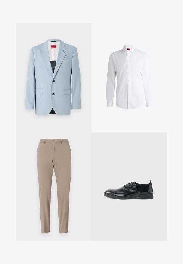 Lys blå blazer, enkeltrækket, to knapper, klippede kraver, forlommer, indvendig med sort foring, glat stofstruktur.; Hvid skjorte med knapper lavet af glat stof med klassisk krave, lange ærmer og rundet kant. Har beige knapper foran.; Beige skræddersyede bukser med en glat tekstur, slim fit og frontknaplukning. Ingen synlige mønstre eller udsmykninger.; Blank sort læder dresssko med lav hæl, snørelukning og rund tå, vist fra siden på ensfarvet lys baggrund.