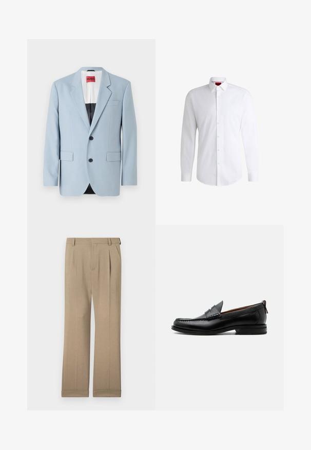 Blazer azul claro, de un solo botón, con dos botones, con solapas de pico, bolsillos frontales, interior con forro negro, textura de tela suave.; Camisa blanca de botones, confeccionada en tela suave, con collar clásico, mangas largas y dobladillo curvado. Presenta botones beige en la parte delantera.; Pantalones beiges de tela liviana, con un diseño de pierna recta, doble pinzas y dobladillos enrollados para un ajuste relajado.; Mocasín de hombre de piel negra con costura moc toe, tira penny, cuello texturizado y tacón bajo apilado sobre fondo blanco.