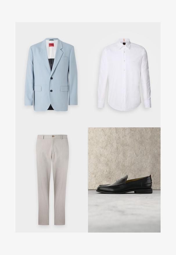 Lys blå blazer, enkeltrækket, to knapper, klippede kraver, forlommer, indvendig med sort foring, glat stofstruktur.; Hvid langærmet skjorte med knaplukning lavet af bomuld, med en klassisk krave, subtilt logo nær brystet og hvide knapper.; Lys grå linnedrenser med en skræddersyet design, knaplukning, sidelommer og lige ben. Blød tekstur og minimale syninger.; Sort læder herreloafer med krokodillepræget forstykke og lav hæl, vist i profil på en neutral baggrund.