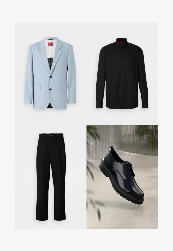 Blazer bleu clair, à un bouton, deux boutons, revers crantés, poches avant, intérieur avec doublure noire, texture de tissu lisse.; Chemise noire à manches longues en tissu lisse, avec un col classique, un fermeture à boutons à l'avant et une coupe ajustée.; Pantalons noirs à jambes droites avec une taille à bouton, passants de ceinture et pli avant, présentés sur un fond blanc uni.; Chaussure en cuir noir avec une finition brillante, bout rond, design à lacets, surpiqûres contrastantes, et semelle épaisse en caoutchouc avec motifs de relief.