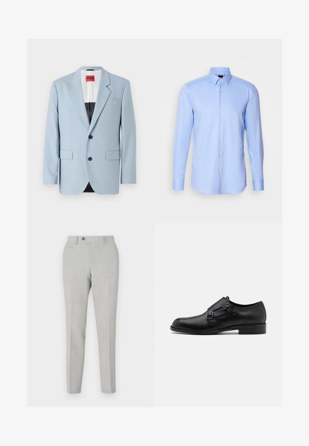 Blazer bleu clair, à un bouton, deux boutons, revers crantés, poches avant, intérieur avec doublure noire, texture de tissu lisse.; Chemise à manches longues bleu clair, boutonnée, en tissu texturé avec un col pointu et une fermeture classique à boutons à l'avant.; Pantalon gris ajusté avec un motif à carreaux subtil, fabriqué en tissu léger. Dispose d'une fermeture à bouton et de poches latérales. Silhouette ajustée.; Chaussure habillée en cuir noir avec double boucle, silhouette élégante et bout rond. Dispose d'un petit talon et d'une texture lisse.